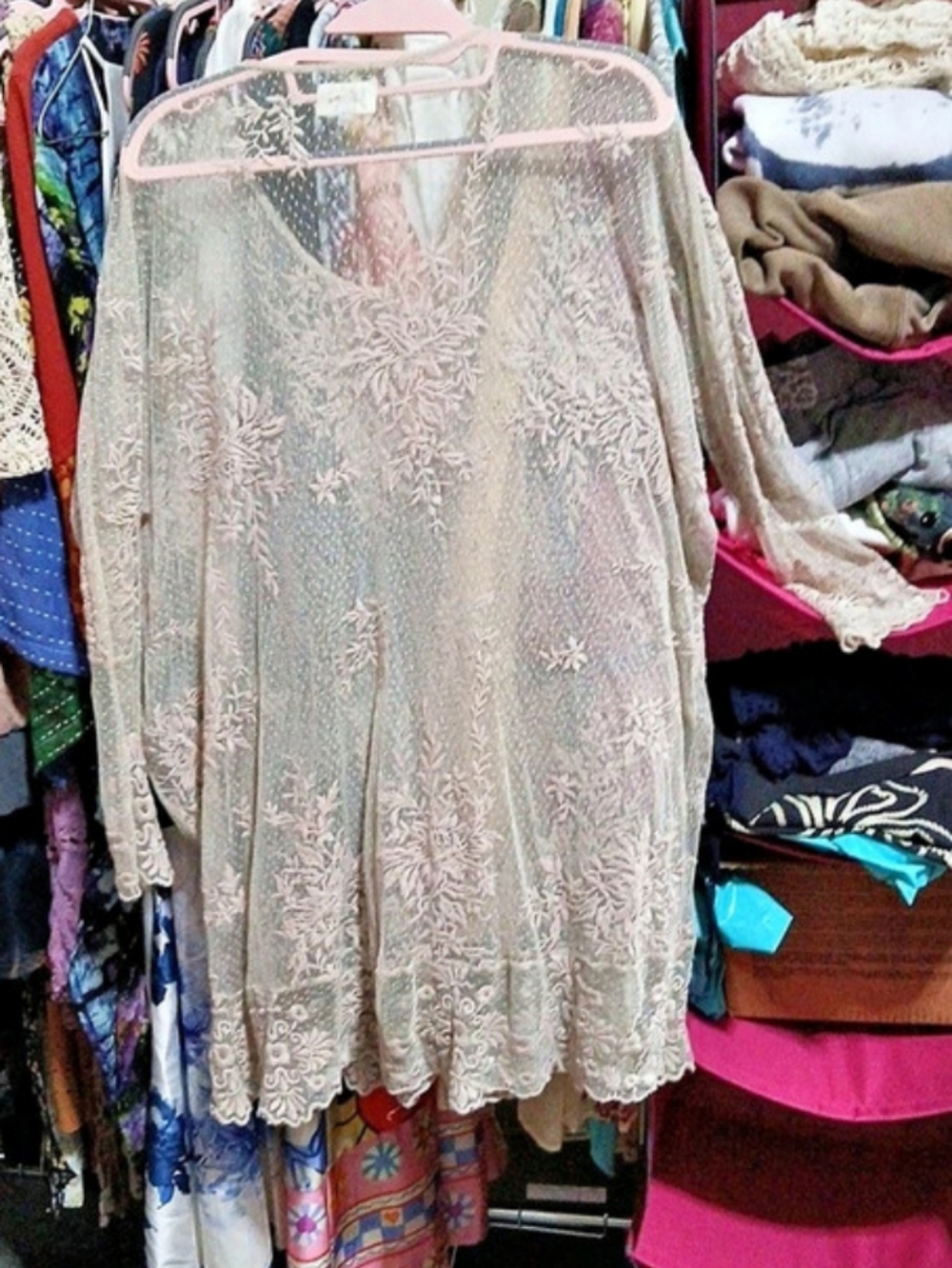 Biya By Johnny Was Sheer Floral Lace Tunic in Ivory Size XS